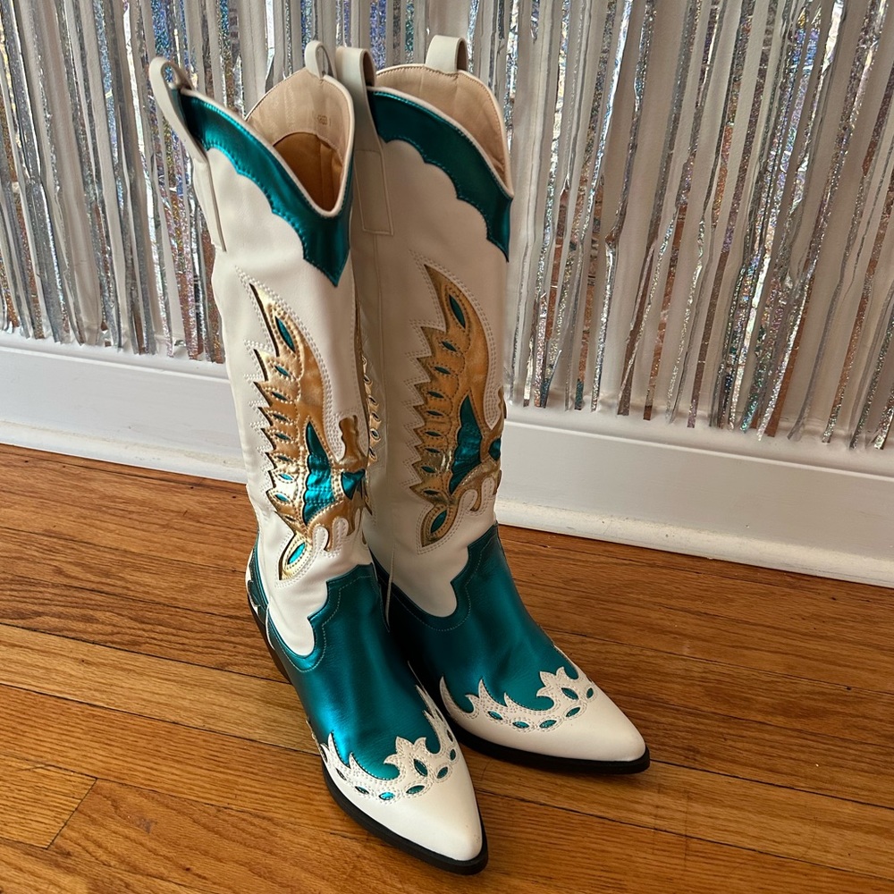 Cowboy boots tall blue green metallic white gold cute trendy heels country point